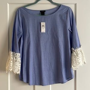 Ann Taylor Factory Blue Linen Shirt with Lace Sleeves New